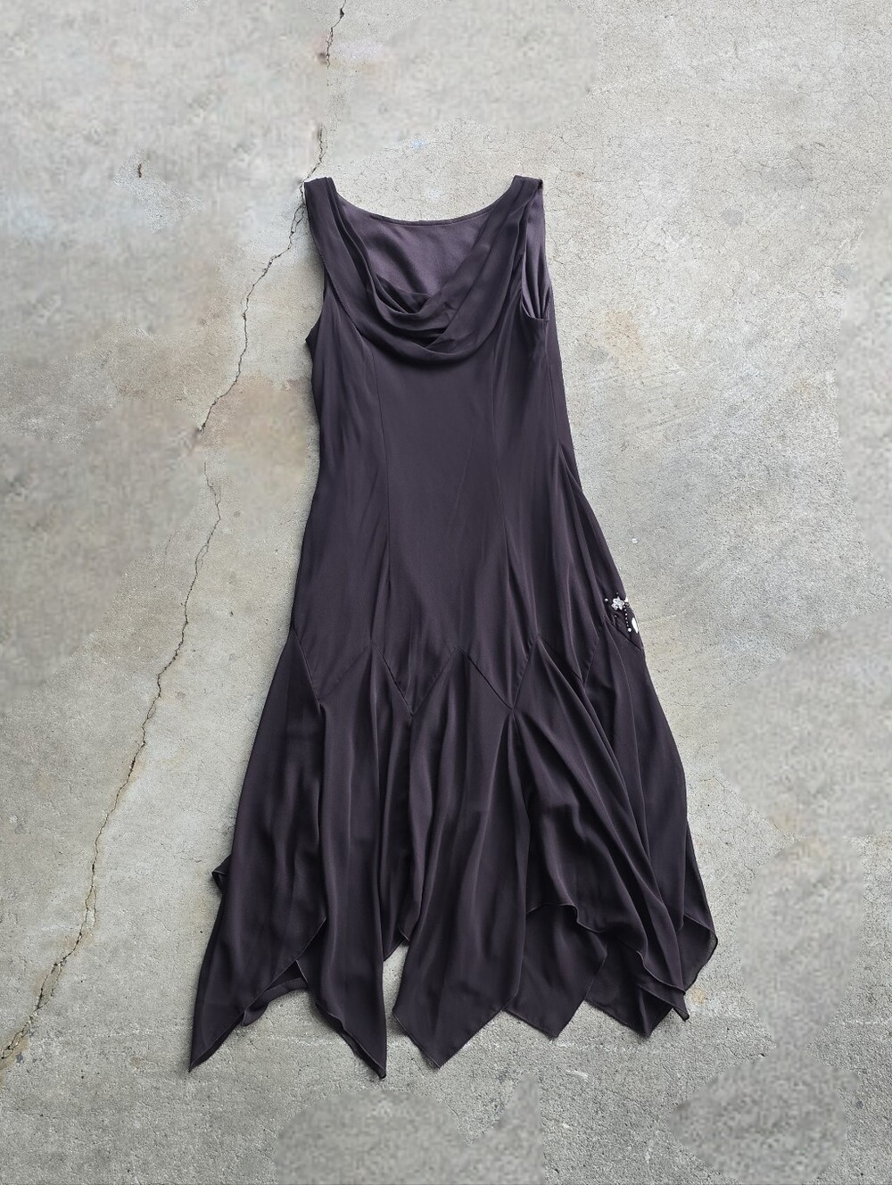 Vintage Womens L Brown Cowl Drape Floral Beaded Midi Dress Fairy Y2K